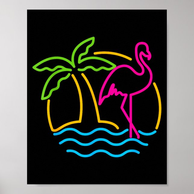 Poster 80s Vintage Miami Retro Neon Nk Flamingo  (Devant)