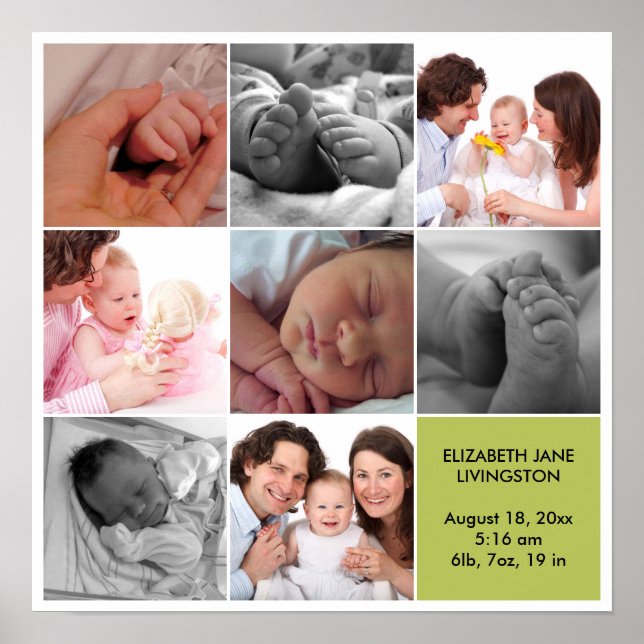 Poster 8 bébé photo moderne collage vert blanc bordure (Devant)