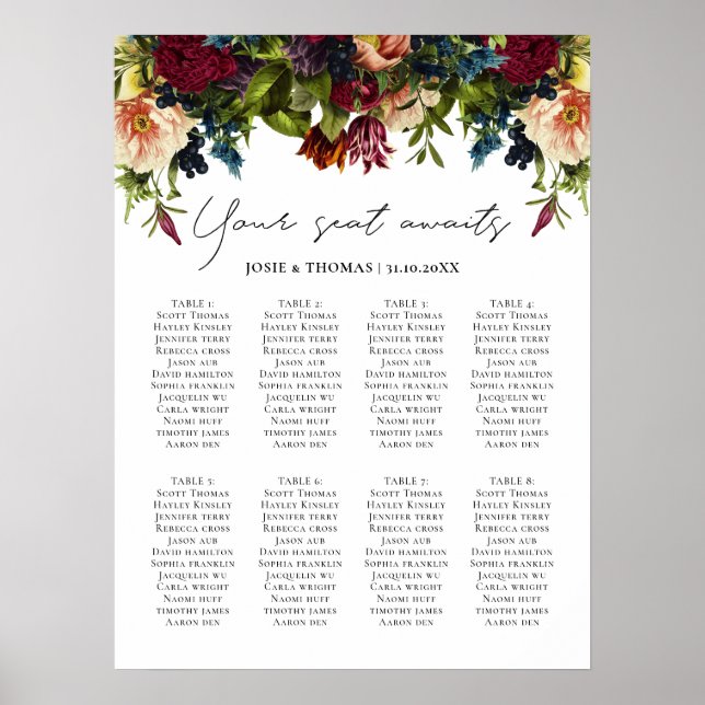 Poster 8 table Moody Floral Bourgogne Mariage Plan de siè (Devant)