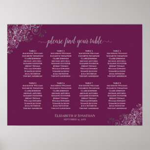 Poster 8 Table Wedding Seating Chart Silver on Cassis