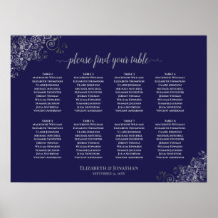 Poster 8 Table Wedding Seating Chart Silver on Navy Blue