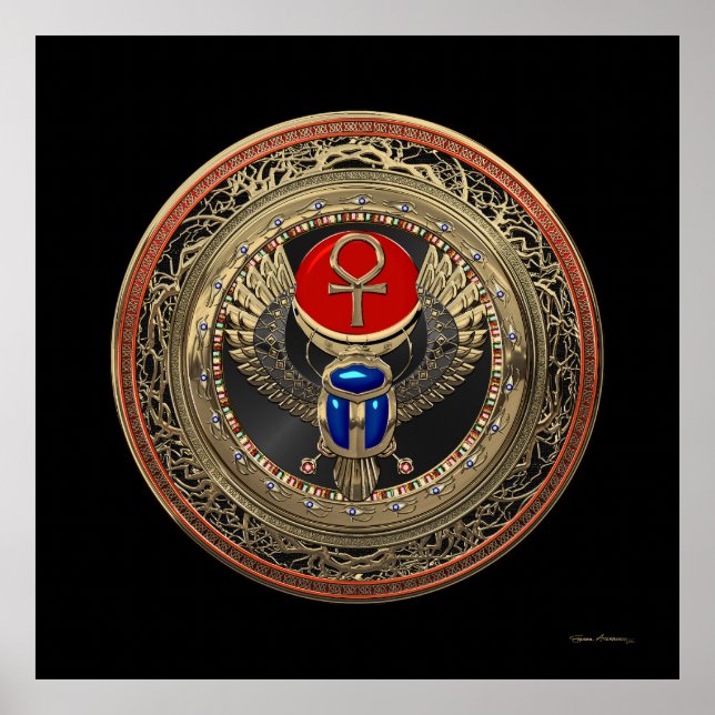 Poster [901] Scarab en or sacré égyptien ailé avec Ankh (Devant)