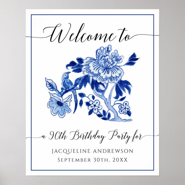Poster 90e anniversaire Chinoiserie bleu et blanc Floral (Devant)