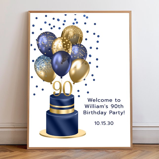 Poster 90e anniversaire Marine Blue Balloon Cake Bienvenu (Créateur téléchargé)