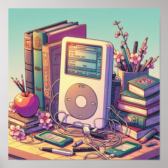 Poster 90s rétro iPod, livres, stylos et crayons (Devant)