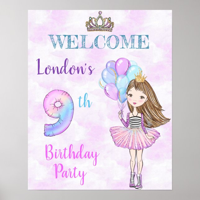 Poster 9e anniversaire fille Princesse Lavande Turquoise (Devant)