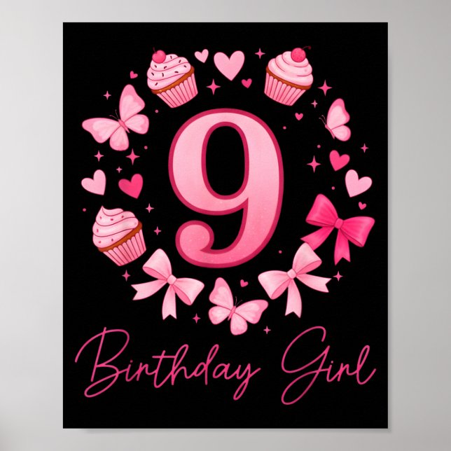 Poster 9th Birthday Girl Aesthetic Coquette Bow  (Devant)