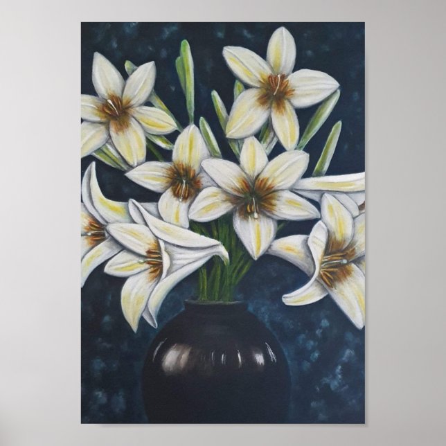 Poster A4 Belles Fleurs blanches acrylique Peinture Impri (Devant)