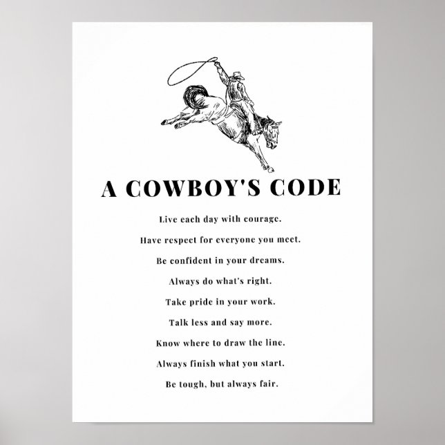 Poster A Cowboy's Code Print, Black and White, Wild West (Devant)