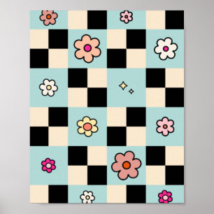 Poster à damiers Motif de fleurs - Vérification rétro