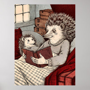 Poster A hedgehog in a blanket reading a book to a young 