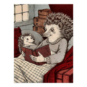 Poster A hedgehog in a blanket reading a book to a young 