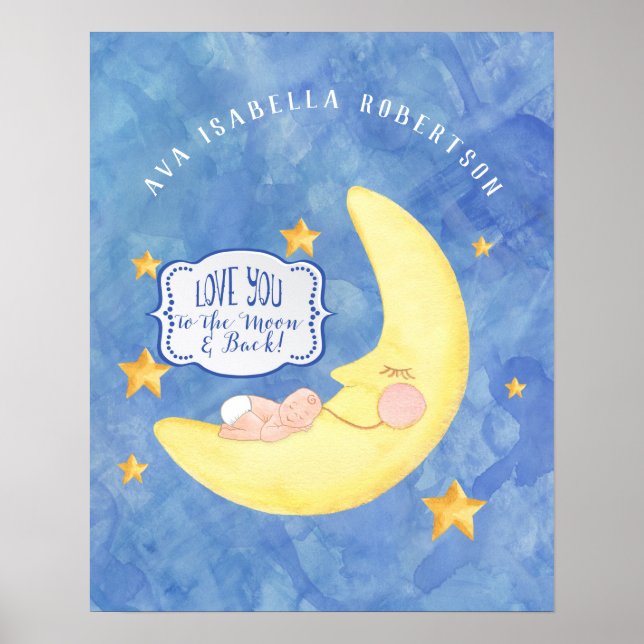 Poster À la lune n dos Baby Name Modèle Aquarelle (Devant)