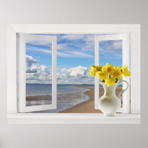 Poster À la plage -- Vue de fenêtre ouverte avec jonquill