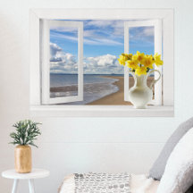 À la plage — Vue sur la fenêtre ouverte avec les j