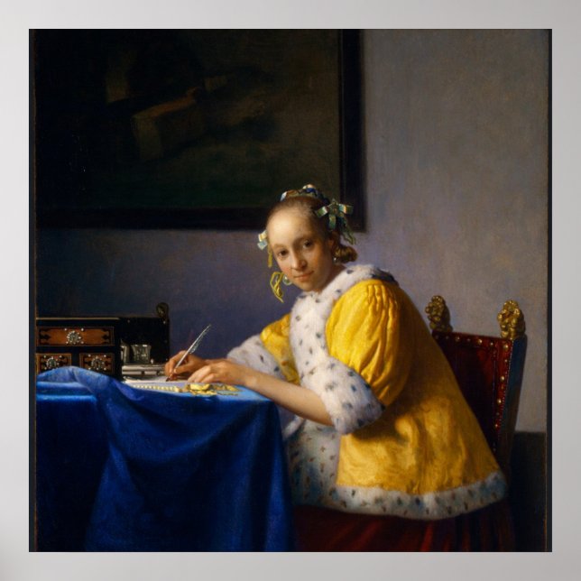 Poster A lady writing by Johannes Vermeer (Devant)