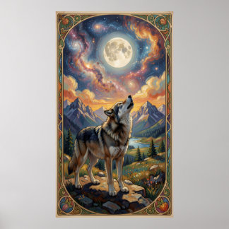 Poster A lone wolf howls at a moon 
