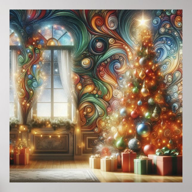 Poster A Retro Style Christmas Tree With Presents on Wall (Devant)