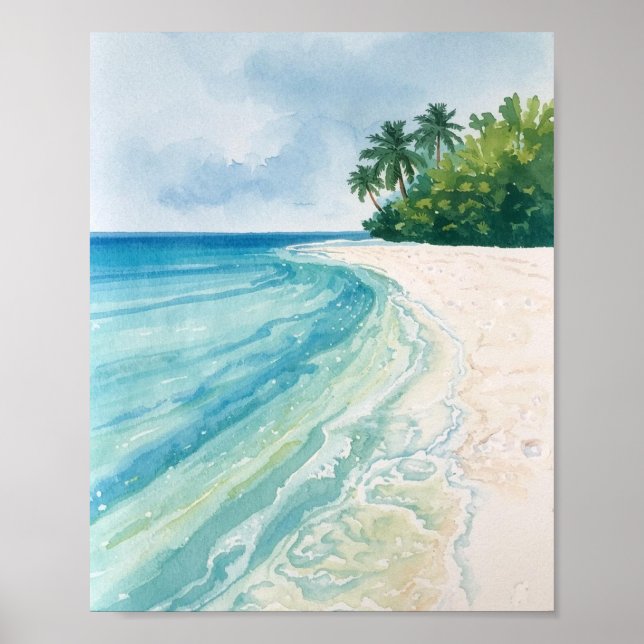 Poster A Serene Tropical Beach in Watercolor (Devant)