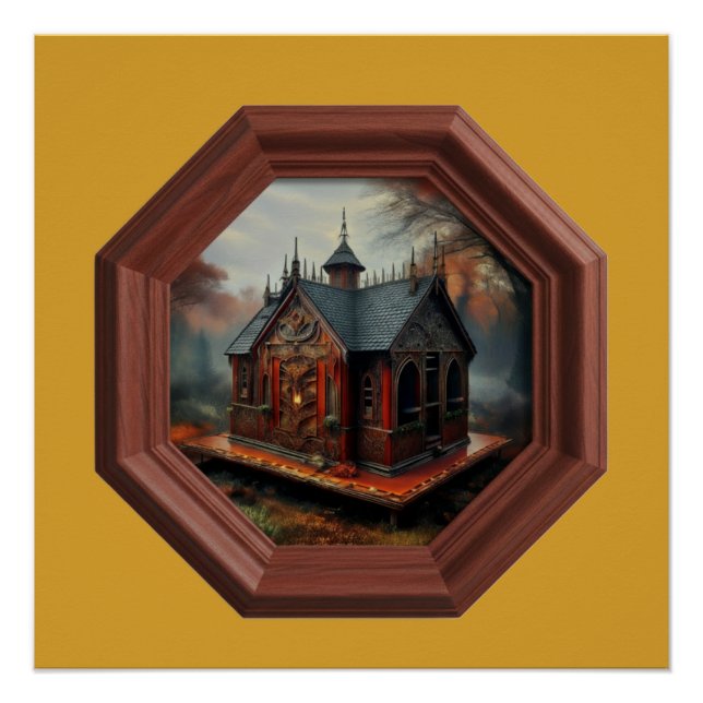 Poster A Small Cabin Sits On A Platform In A Clearing (Devant)