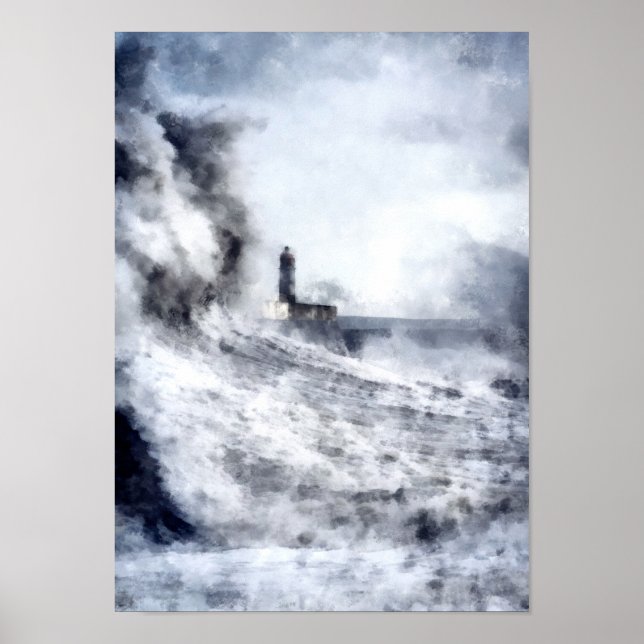 Poster A stormy ocean surrounds a lighthouse (Devant)