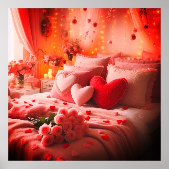 Poster A Valentine's Day Bedroom Decorated With Love on a (Devant)