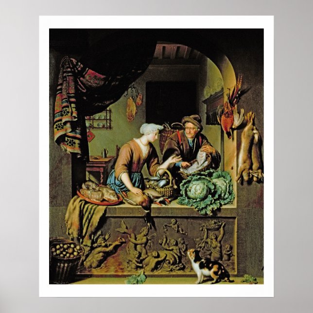 Poster A Woman and a Fish Peddler, 1713 (oil panel) (Devant)