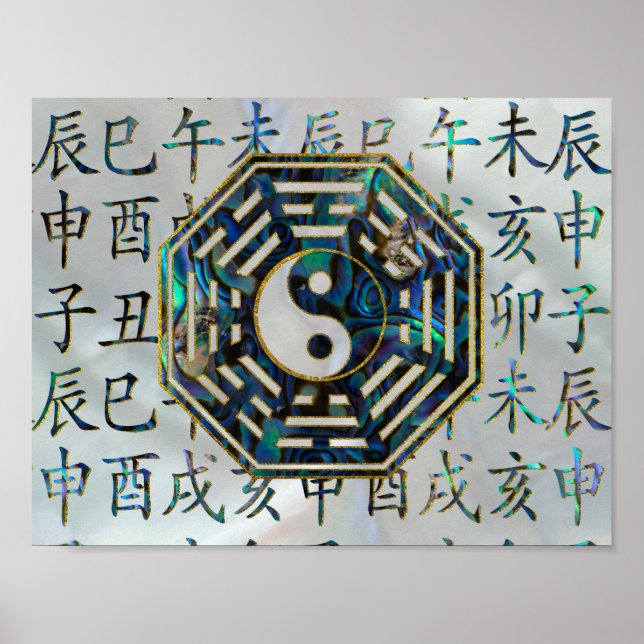 Poster Abalone et or Bagua feng shui hiéroglyphes (Devant)