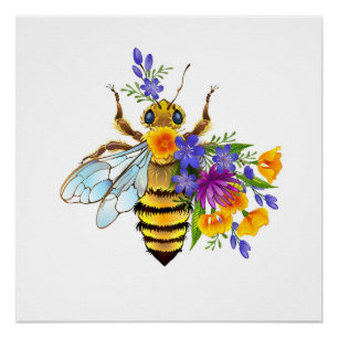 Poster Abeille à fleurs avec plantes sauvages
