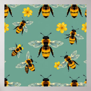 Poster Abeille bourdon aquarelle réaliste en nid d'abeill