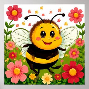 Poster Abeille de dessin animé joyeuse entourée de fleurs