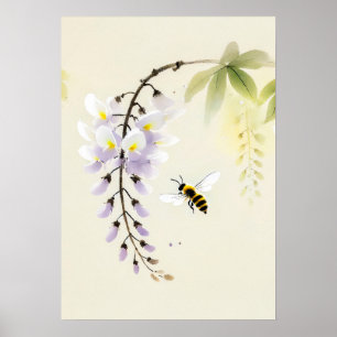 Poster Abeille d'encre chinoise sur la glycine
