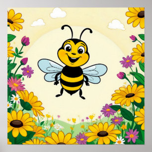 Poster Abeille heureuse dans des fleurs colorées