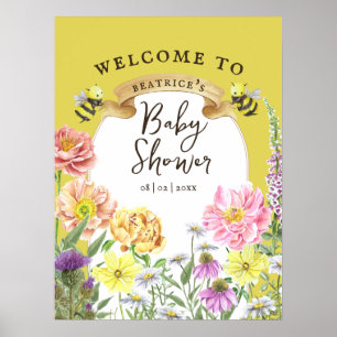 Poster Abeille jaune et Baby shower Fleur sauvage Bienven