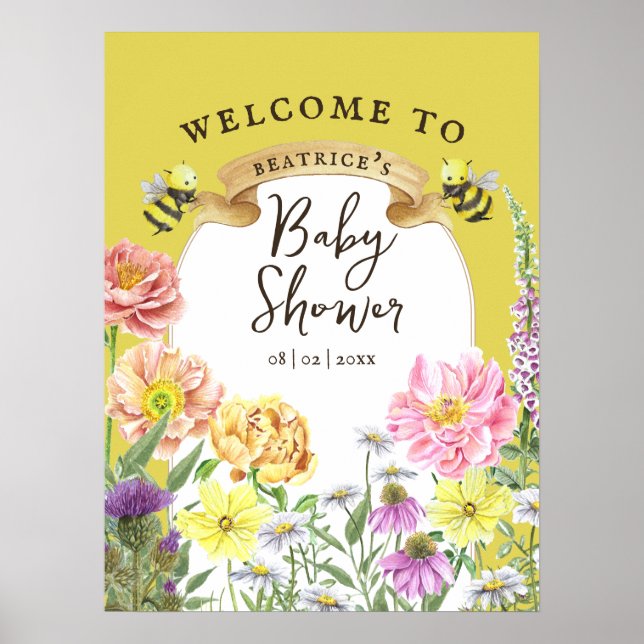 Poster Abeille jaune et Baby shower Fleur sauvage Bienven (Devant)