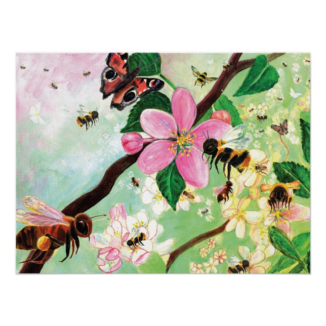Poster Abeilles de miel, bourdons et arbre florissant du  (Devant)