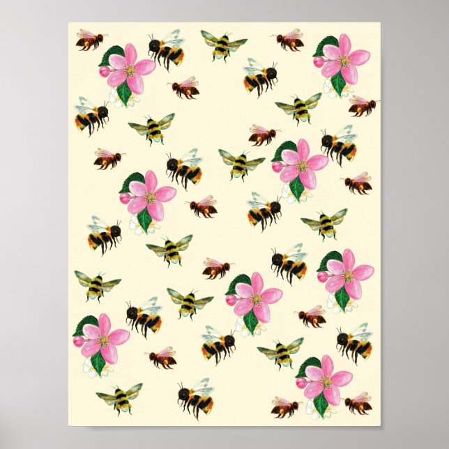 Poster Abeilles et bourdons & fleurs de fruits (Devant)