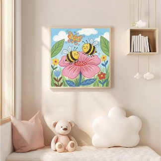 Poster Abeilles mignonnes et papillon dansant Dessin au c