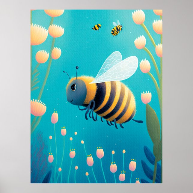 Poster Abeilles tumultueuses et fleurs (Devant)