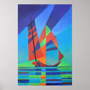 Poster Abstract Art Junk Boat Against Deep Blue Sky