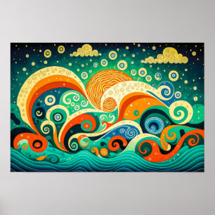 Poster Abstract Colorful Retro 70s Hippie Waves Artwork  