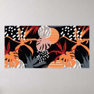 Poster Abstract flower and tropical leaves drawing seamle
