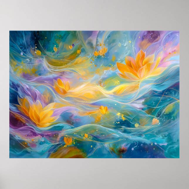 Poster Abstract Golden Lotus Floating Flowers  (Devant)