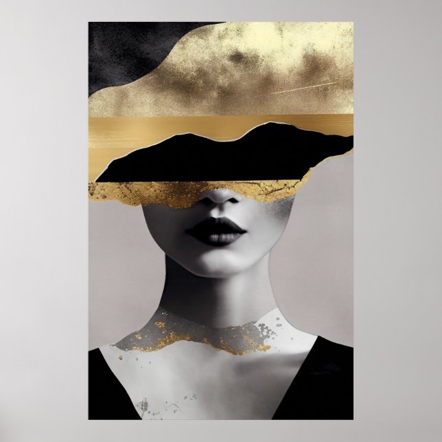 Poster Abstract Woman Gold Black Surrealist Art Elegant (Devant)