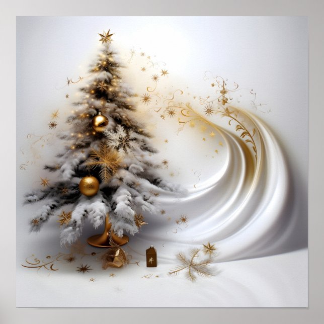 Poster Abstrait arbre de Noël blanc aux accents or (Devant)