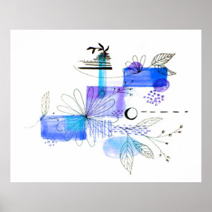 Poster Abstrait Black Flower Art bleu et gris