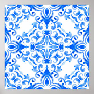 Poster Abstrait bleu et blanc dessiné à la main sans cout
