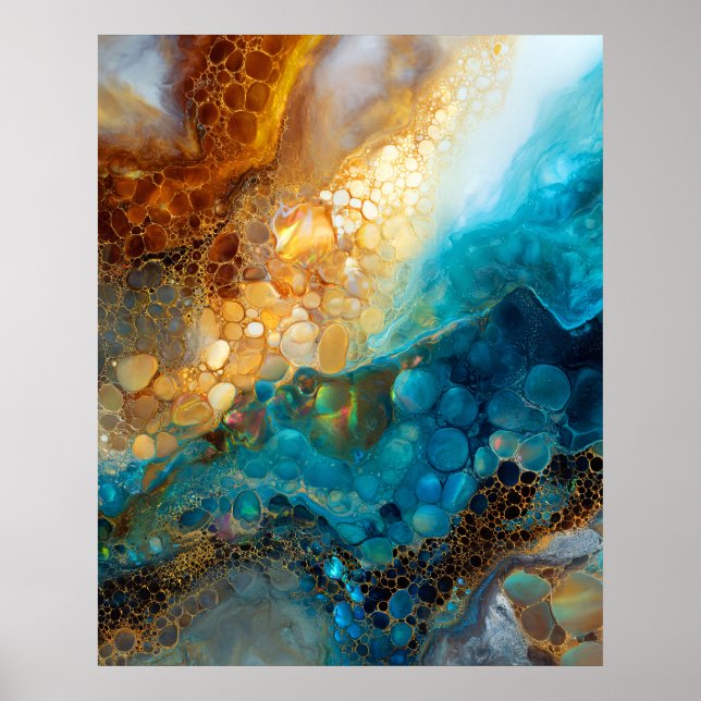 Poster Abstrait d'art fluide bleu et or (Devant)