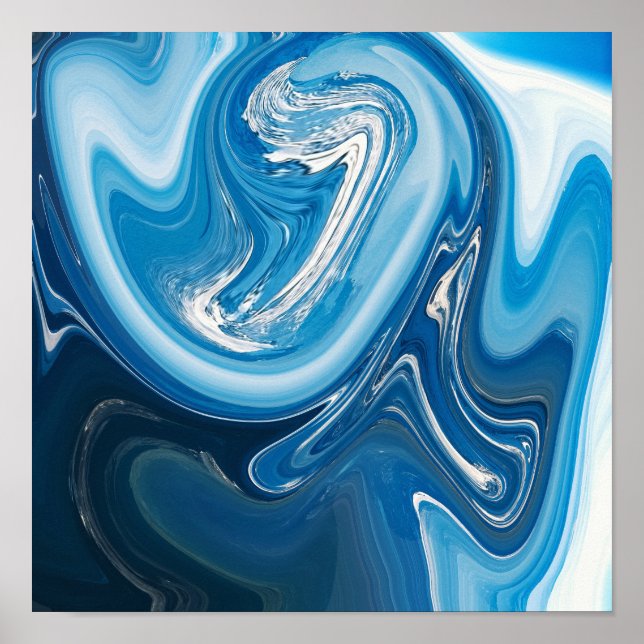 Poster Abstrait D'Art Liquide Bleu Et Blanc (Devant)