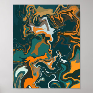 Poster Abstrait en vert foncé, orange et blanc